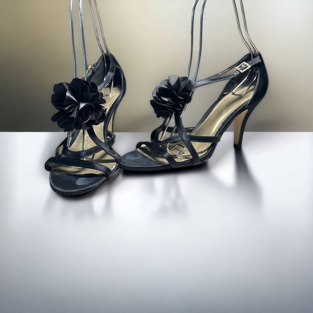 Ann Marino Black Satin Flower Rosette Strappy 9M